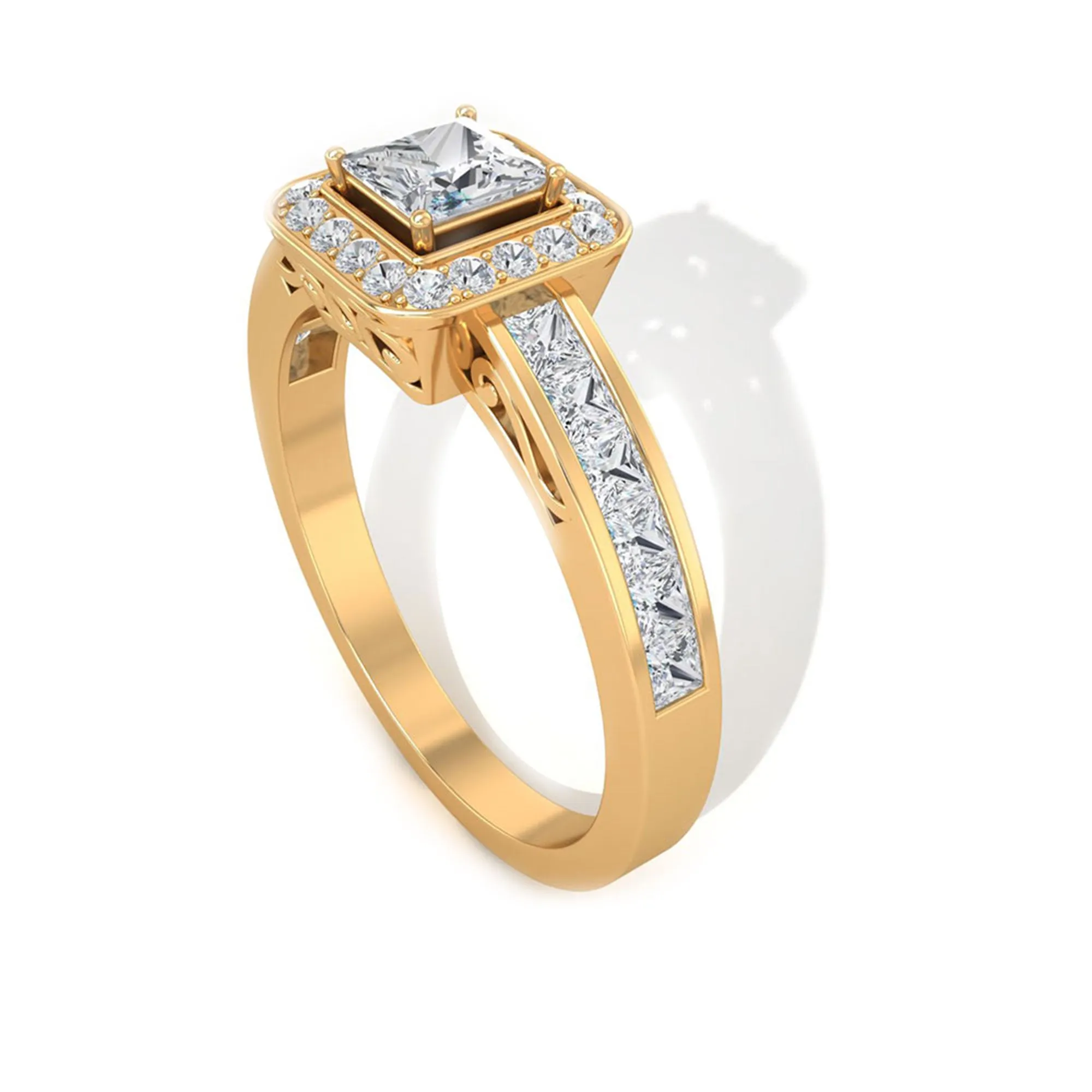 1.25 Ct Halo Solitaire Ring with Princess Cut Diamond Side Stone