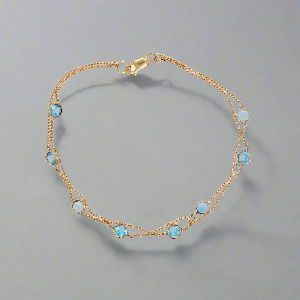 14K Double Strand Blue Topaz Gemstone Bracelet