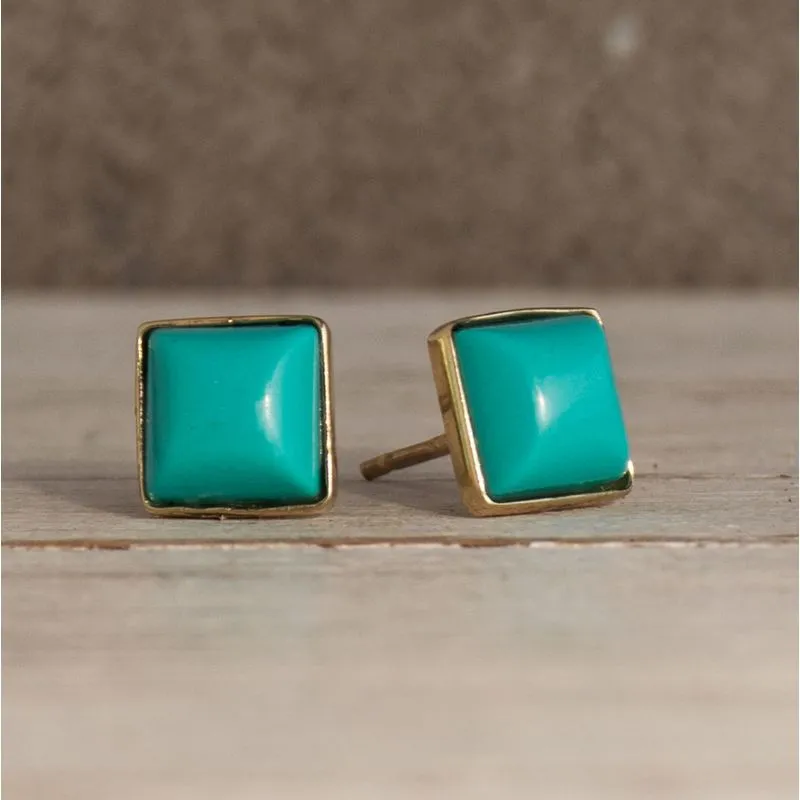 14K Yellow Gold Square Turquoise 6X6mm Stud Earrings