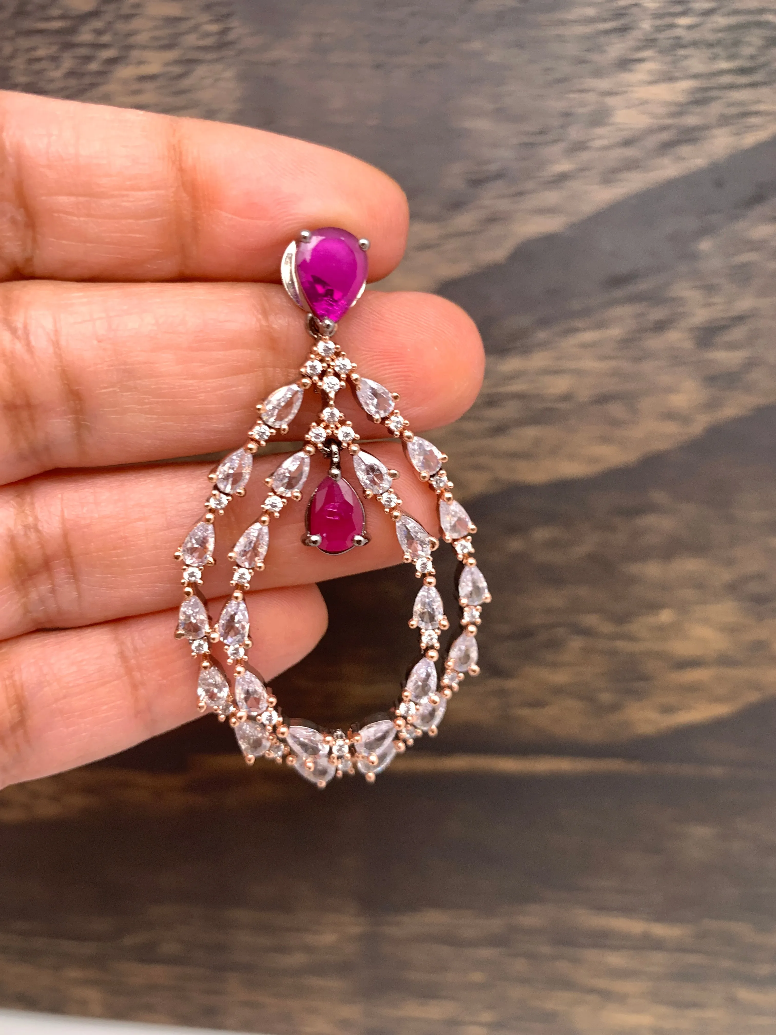 AD Earrings with Pink Stone and Dual Tone Polish