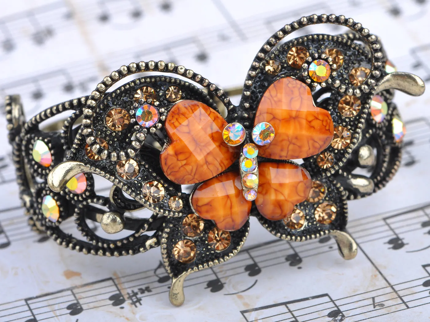 Antique Gold Topaz Colored Orange Heart Butterfly Bangle Bracelet