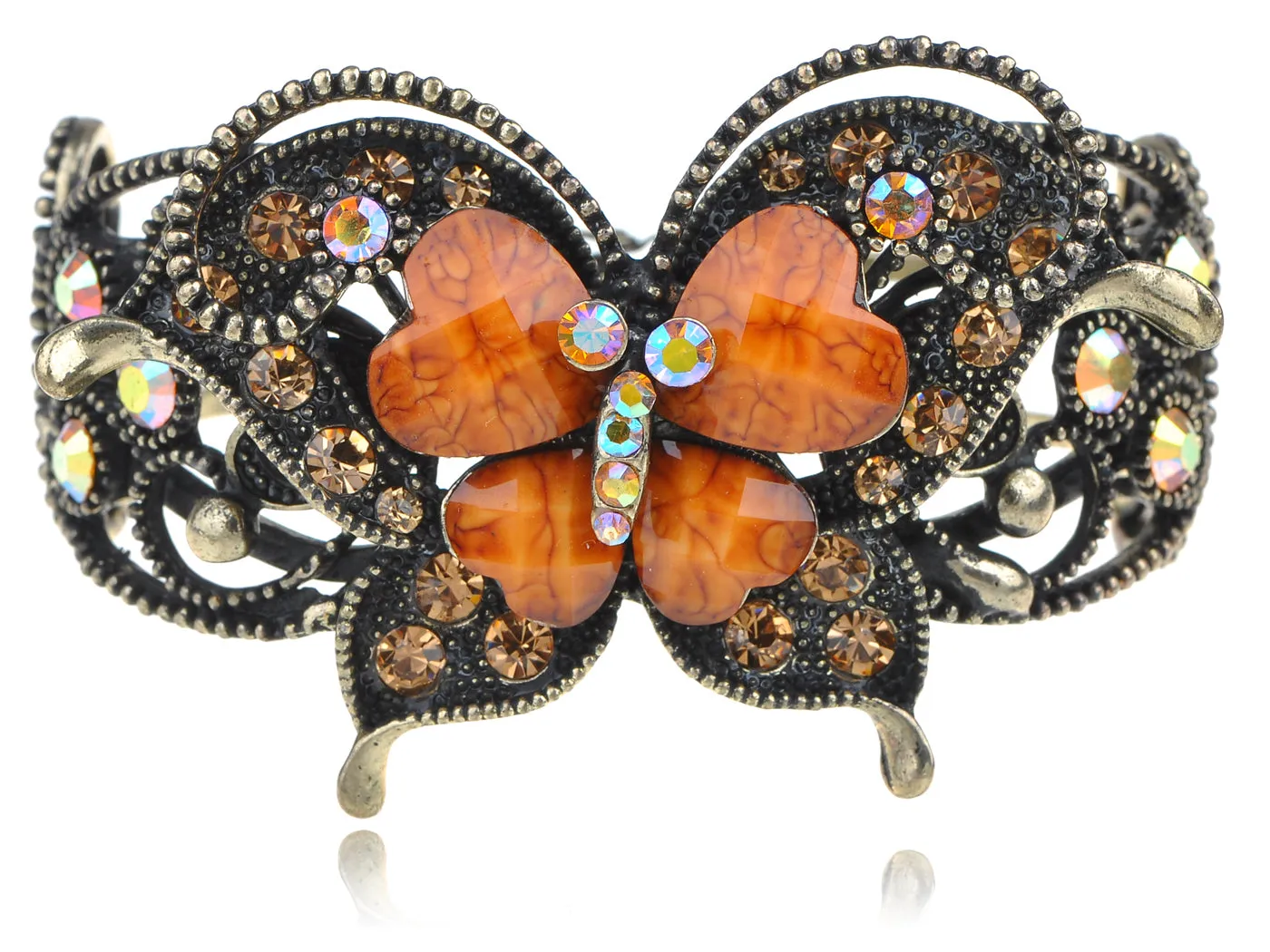 Antique Gold Topaz Colored Orange Heart Butterfly Bangle Bracelet