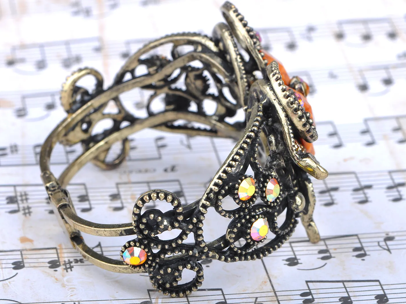 Antique Gold Topaz Colored Orange Heart Butterfly Bangle Bracelet