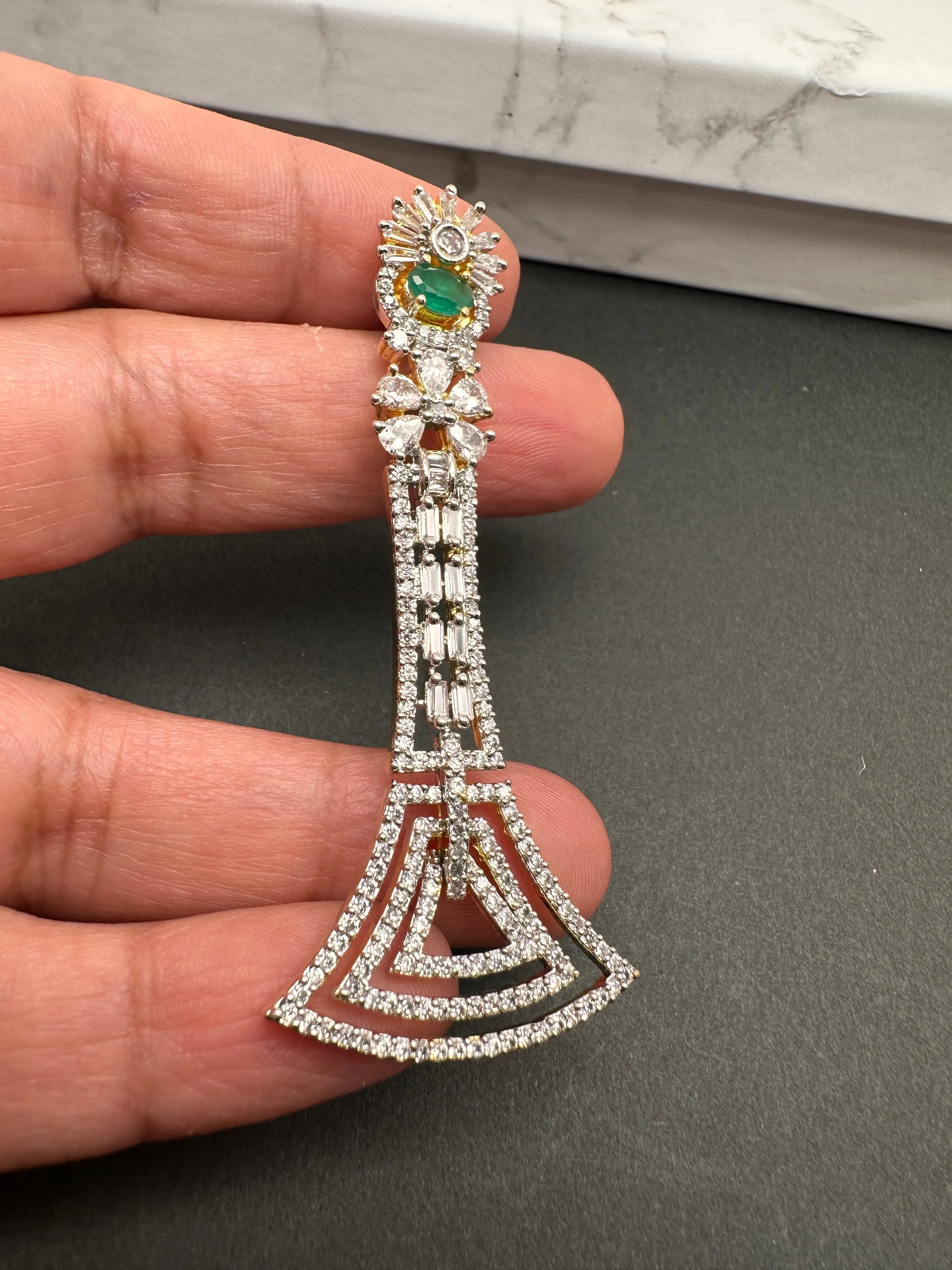 Baguette AD Emerald Green Stone Cascade Design Earrings
