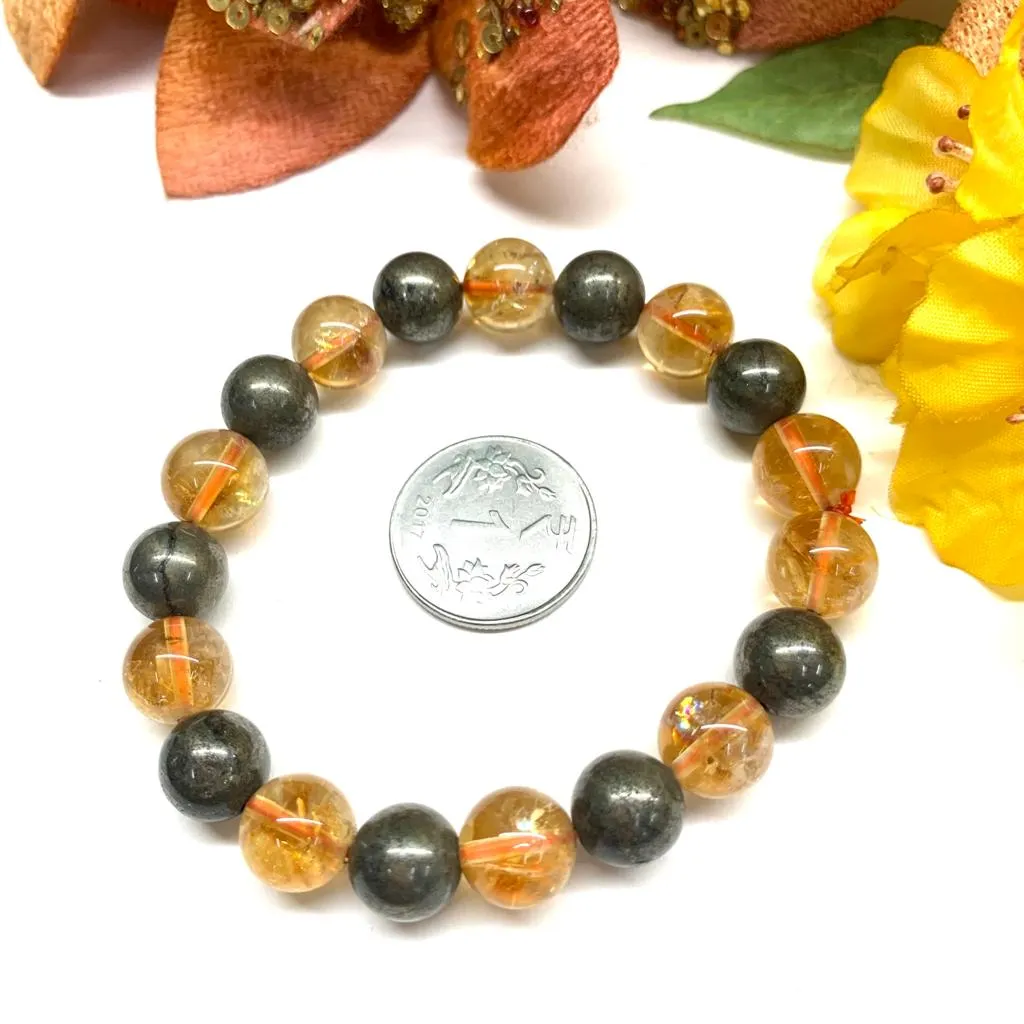 Citrine & Pyrite Round Bead Bracelet (Wealth and Money)