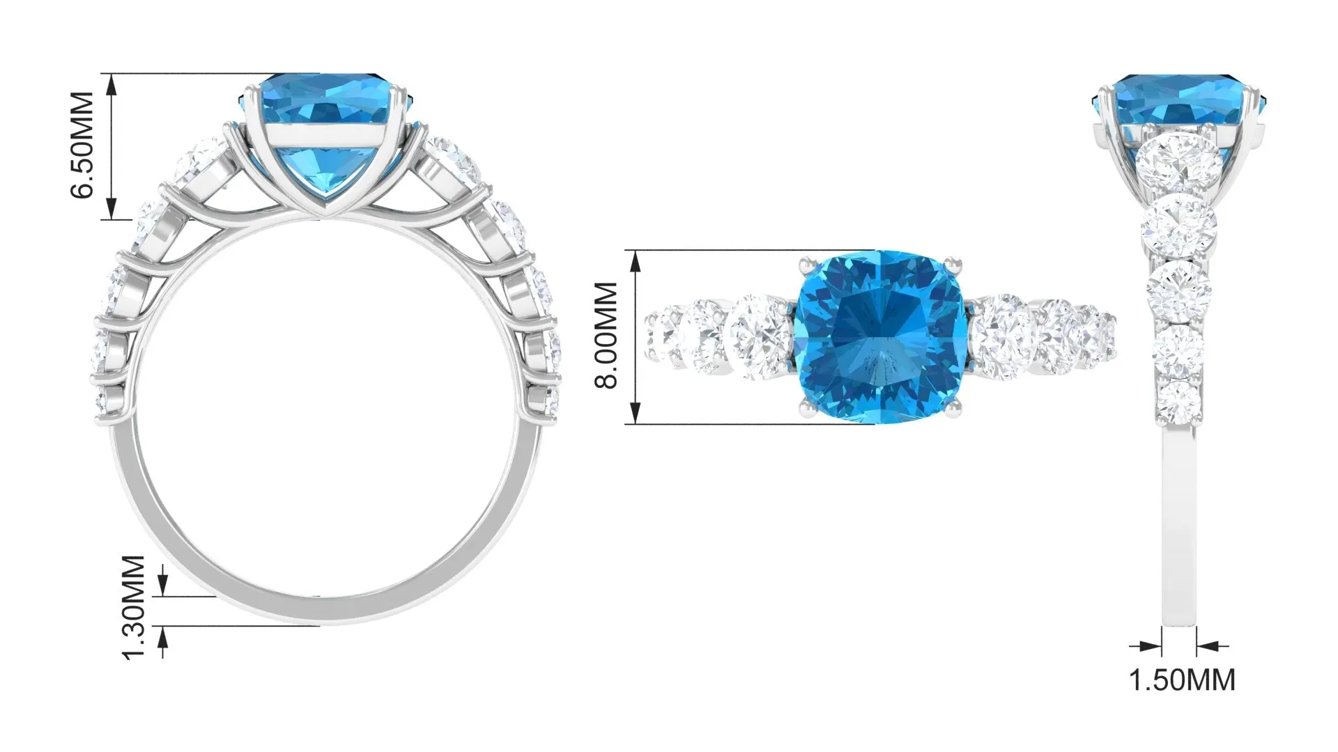 Cushion Cut Swiss Blue Topaz Solitaire and Moissanite Side Stone Engagement Ring