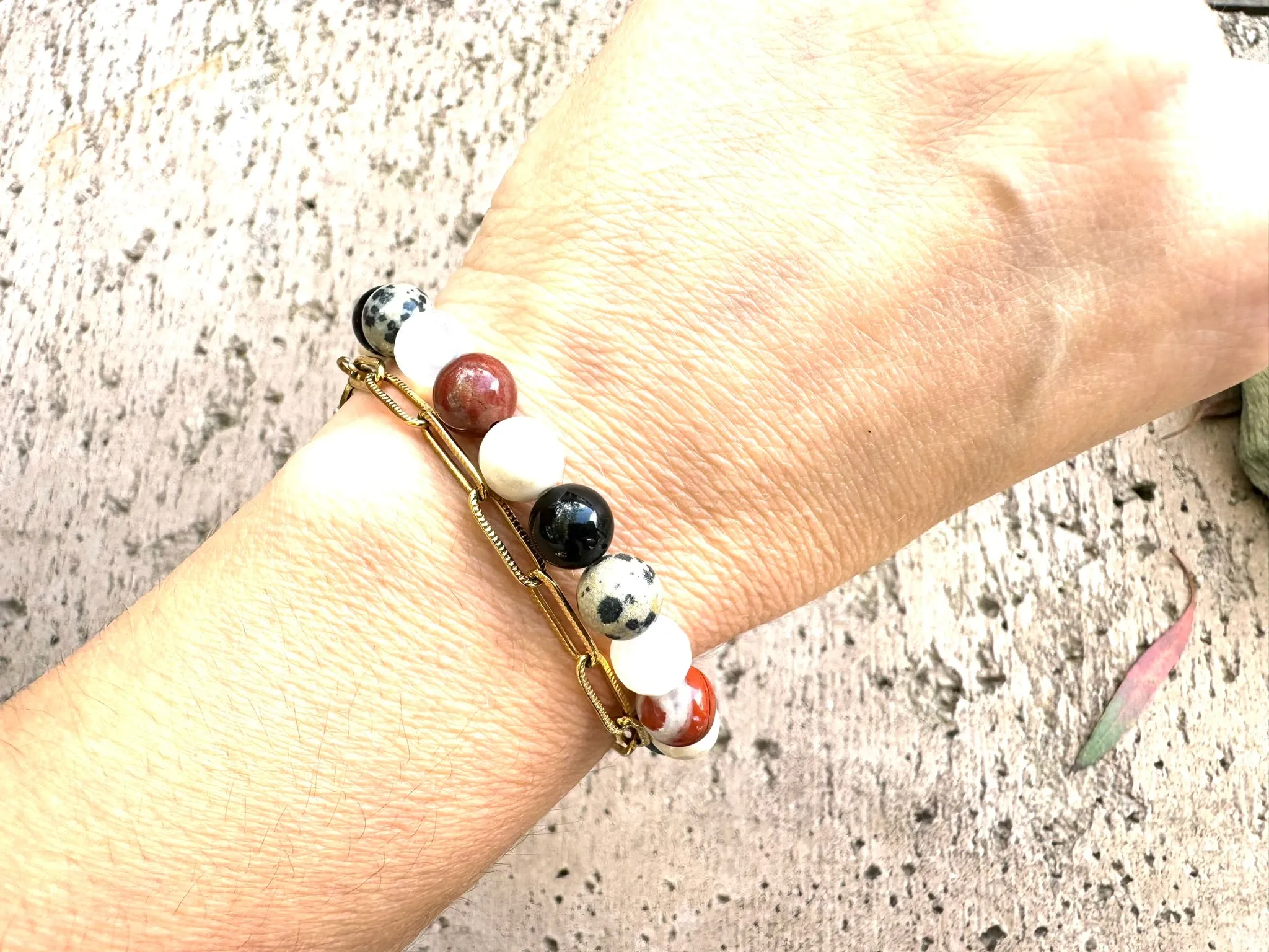 Dalmatian Jasper and Petrified Wood Crystal Bracelet