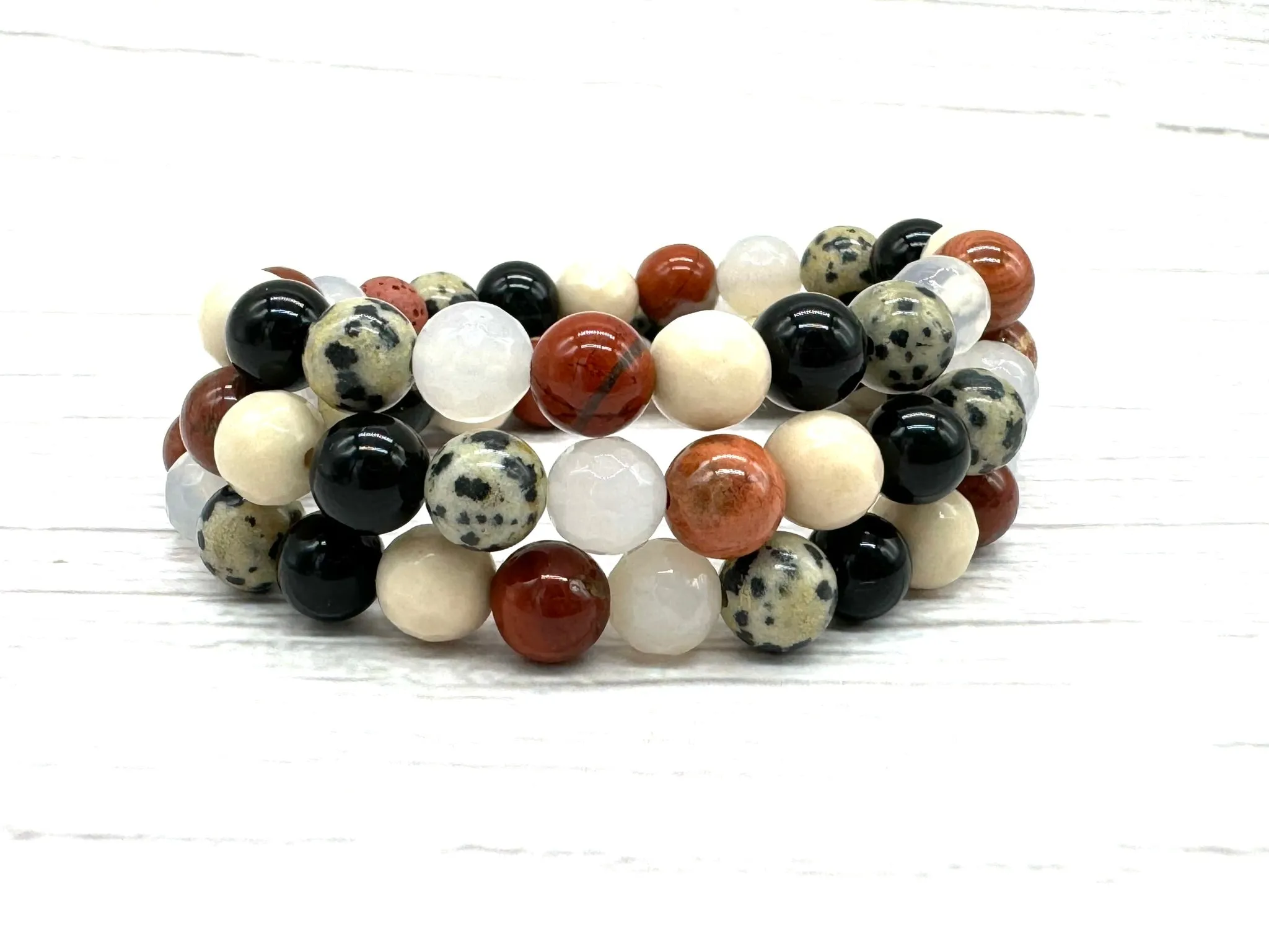 Dalmatian Jasper and Petrified Wood Crystal Bracelet