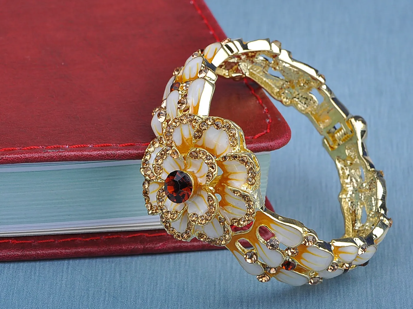 Enamel Painted Topaz Spring Flower Bracelet Bangle Cuff