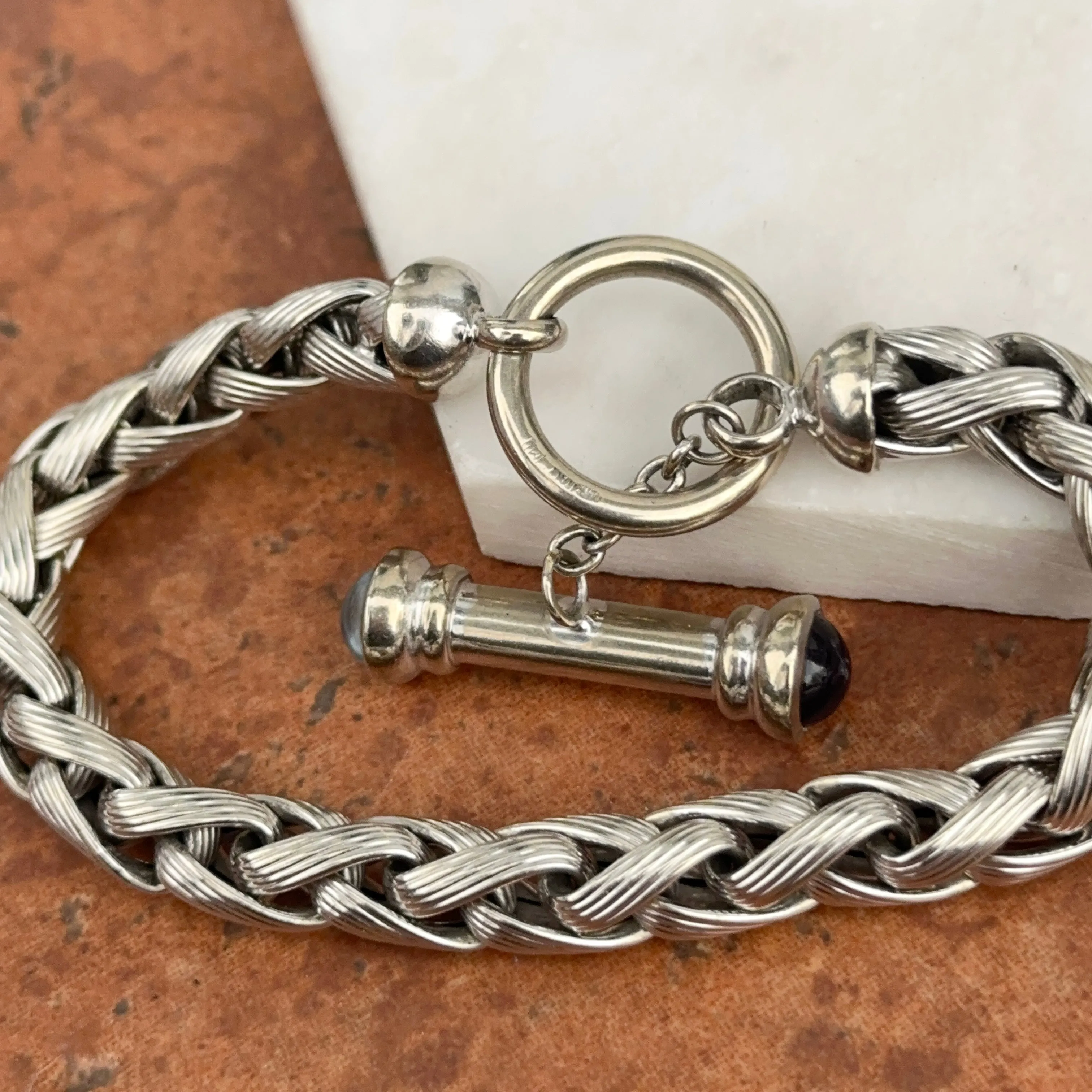 Estate 14KT White Gold Rounded Amethyst   Blue Topaz Wheat Link Bracelet