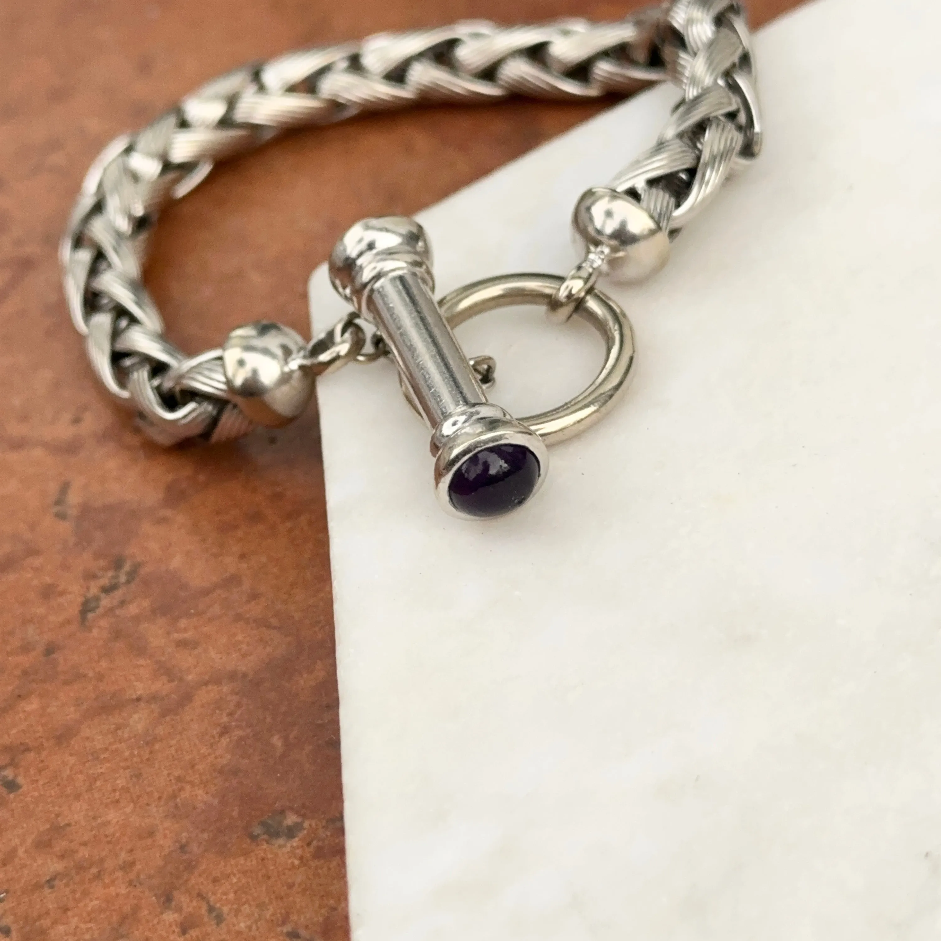 Estate 14KT White Gold Rounded Amethyst   Blue Topaz Wheat Link Bracelet