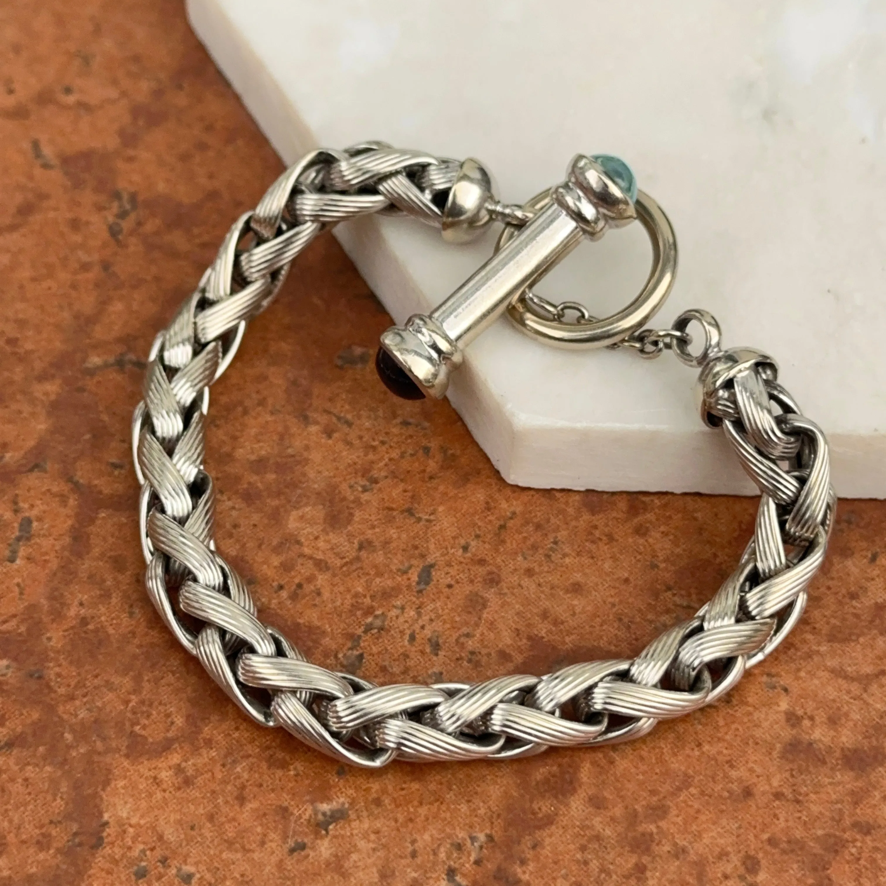 Estate 14KT White Gold Rounded Amethyst   Blue Topaz Wheat Link Bracelet