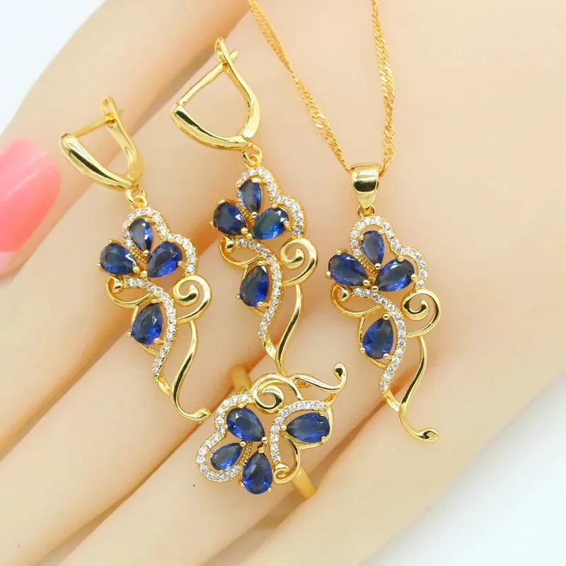 Flower Blue Sapphire 18K Gold Plated Jewelry Sets for Women