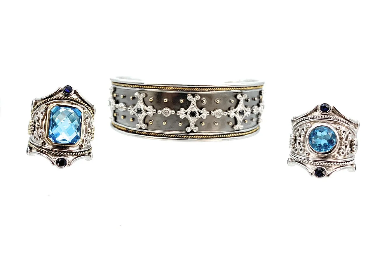 Fred Mak 18K YG, Sterling Silver, & Gemstone Cuff Bracelet & 2 Ring Jewelry Set
