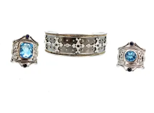 Fred Mak 18K YG, Sterling Silver, & Gemstone Cuff Bracelet & 2 Ring Jewelry Set