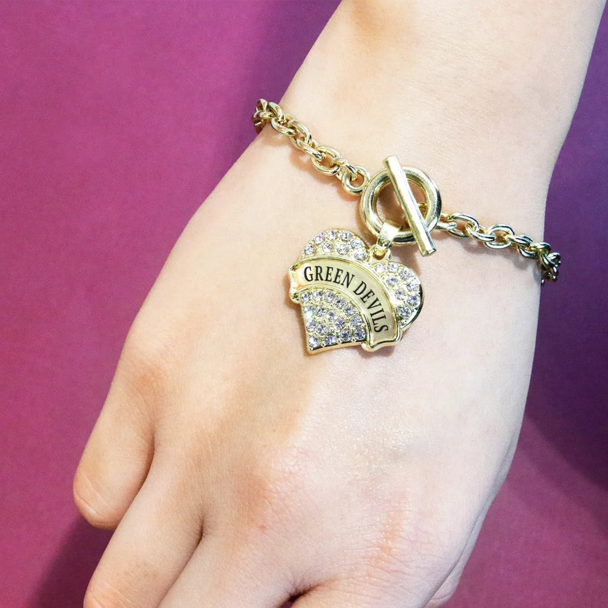 Gold Green Devils Pave Heart Charm Toggle Bracelet