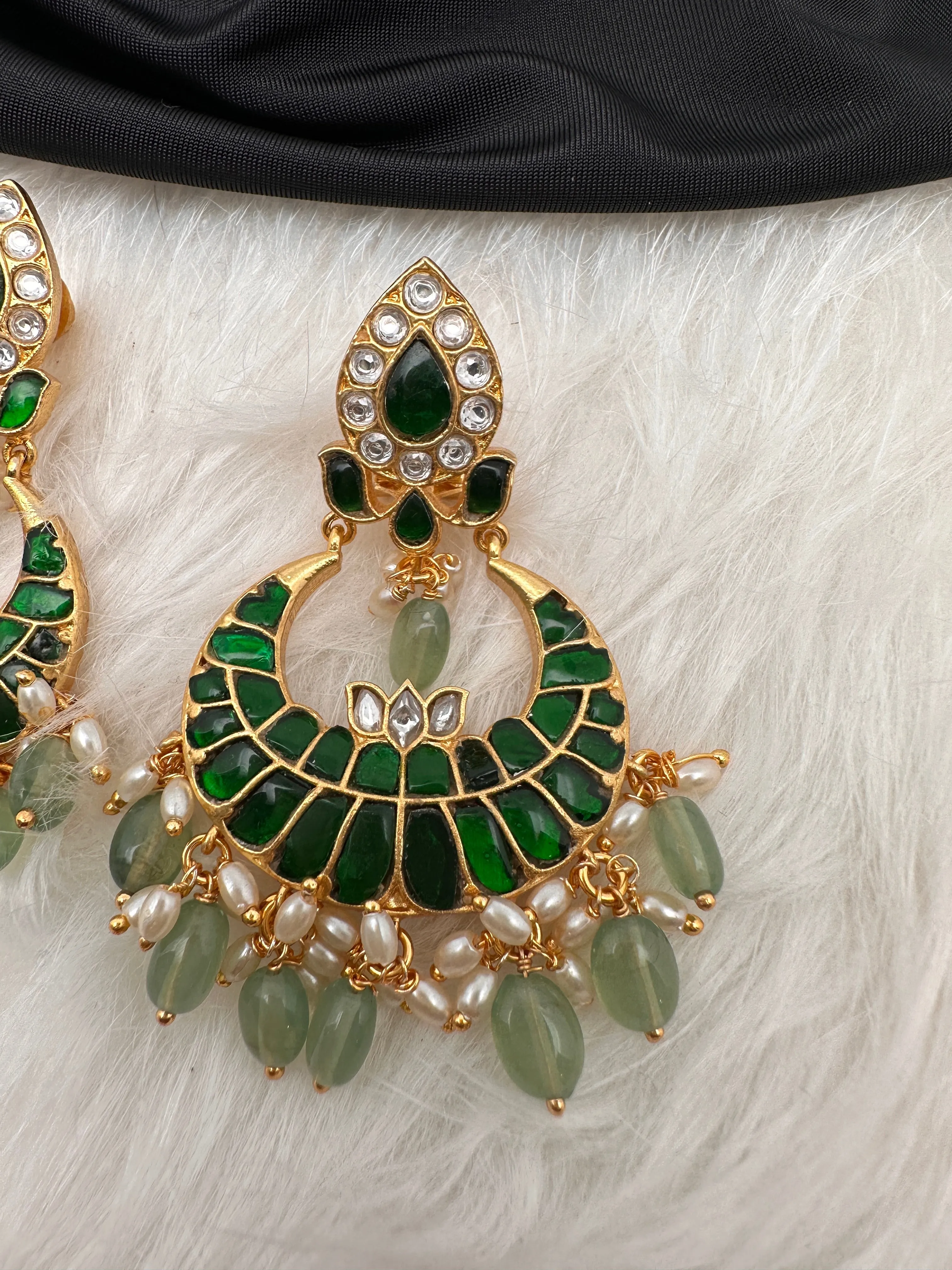 Green Jadau Kundan Chandballi Earrings