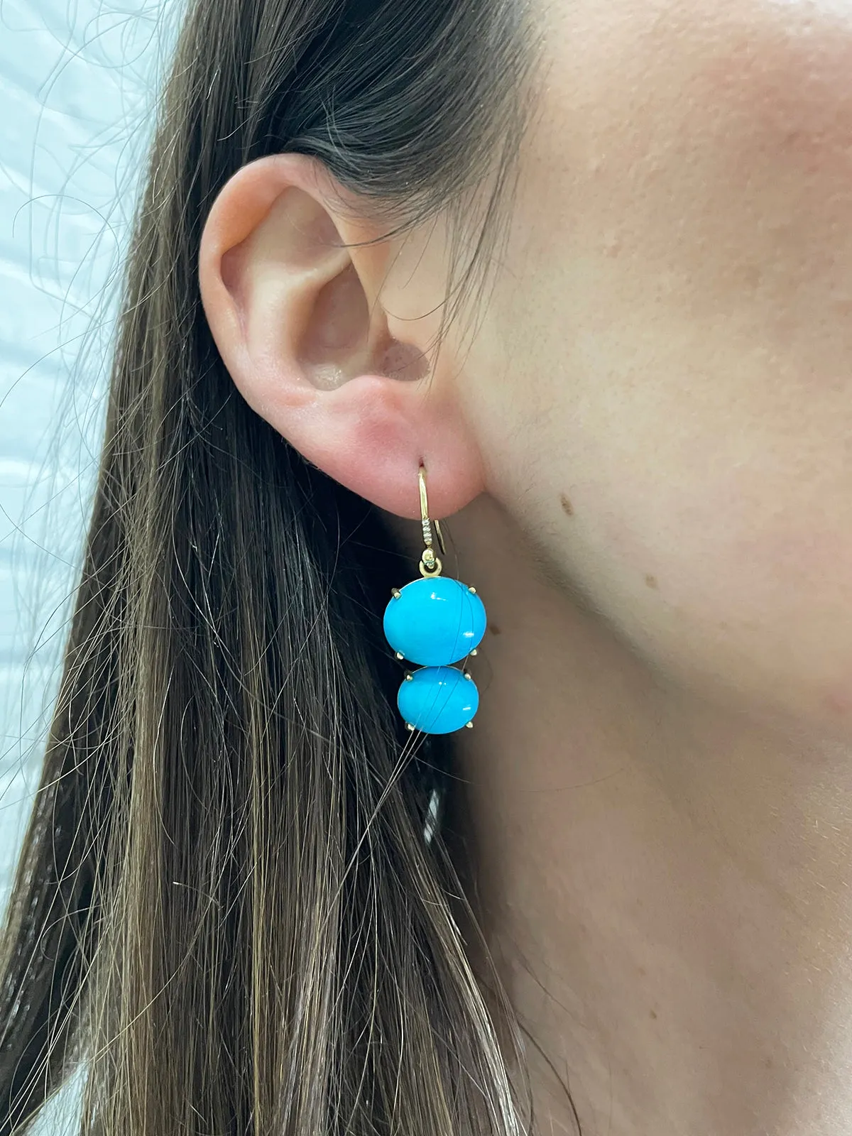 Kingman Turquoise Double Drop Yellow Gold Earrings