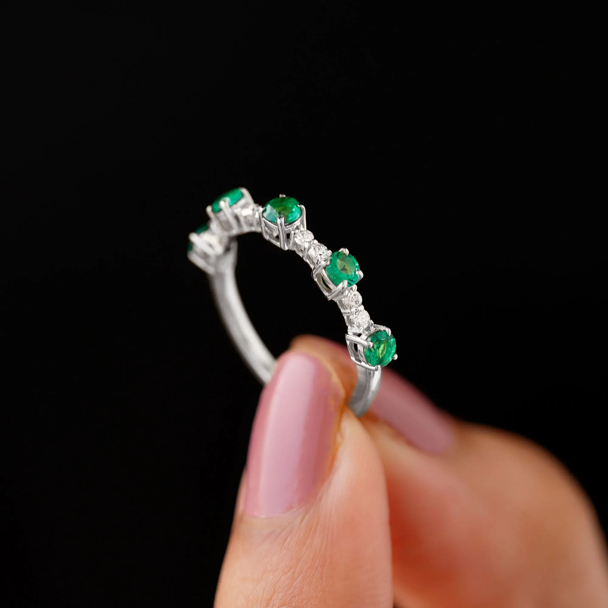 Lab Grown Emerald and Diamond Minimal Half Eternity Ring