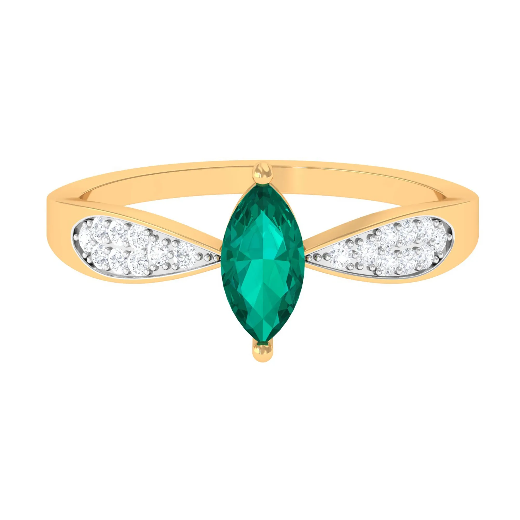 Marquise Cut Emerald Solitaire Ring with Diamond Accent