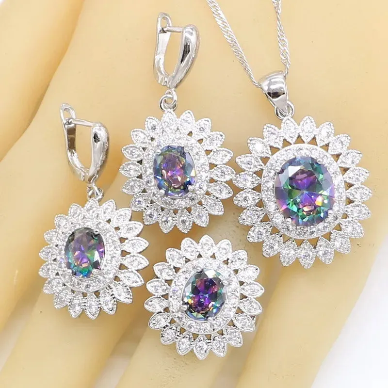 Multicolor Rainbow Topaz Silver Color Jewelry Sets For Women