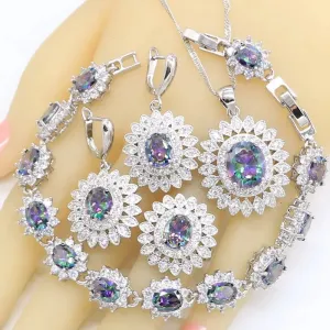 Multicolor Rainbow Topaz Silver Color Jewelry Sets For Women