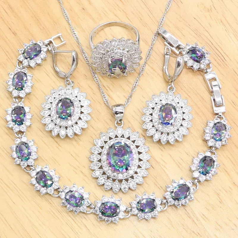 Multicolor Rainbow Topaz Silver Color Jewelry Sets For Women