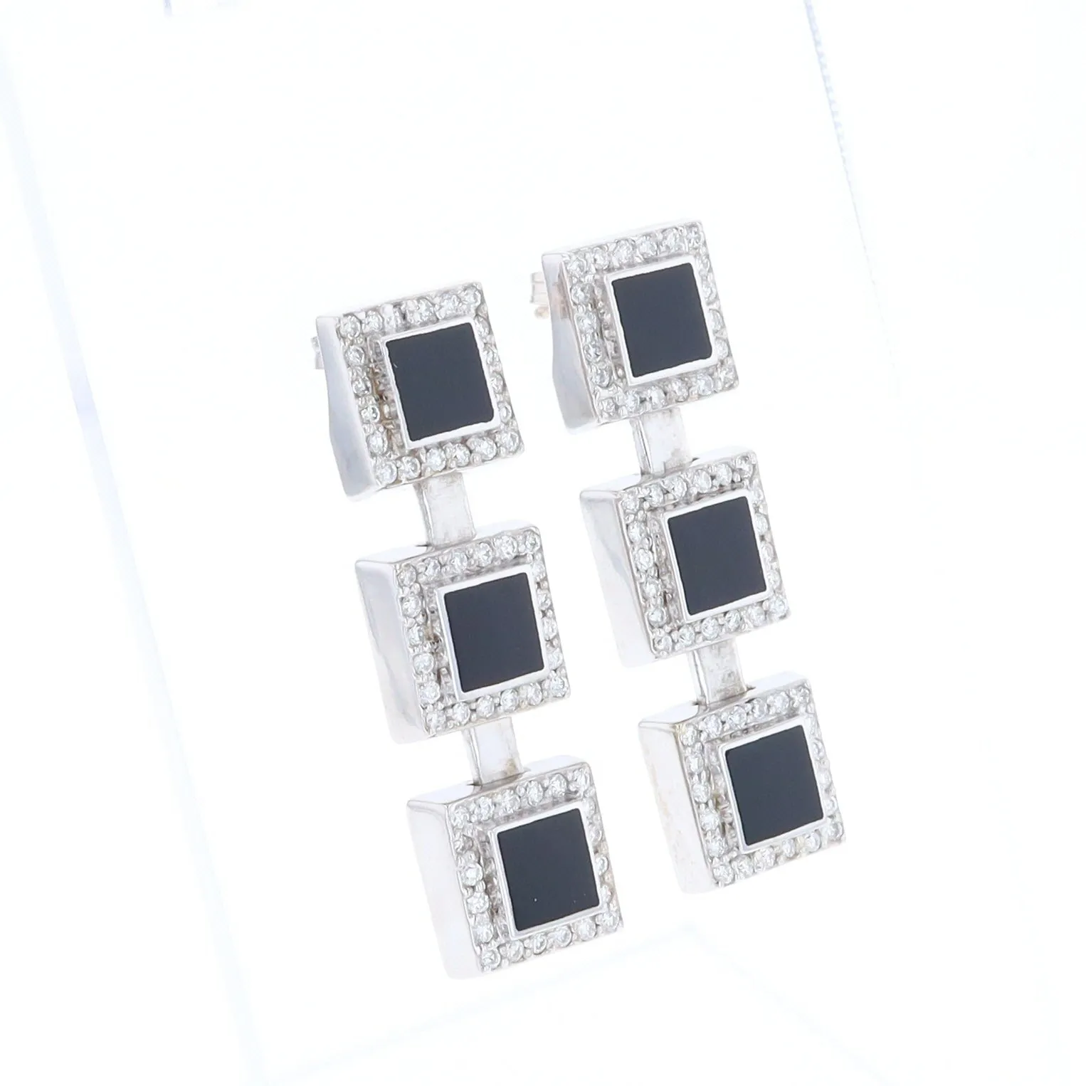 Onyx Square 3 Section Inlaid .84Ctw Diamond Earrings