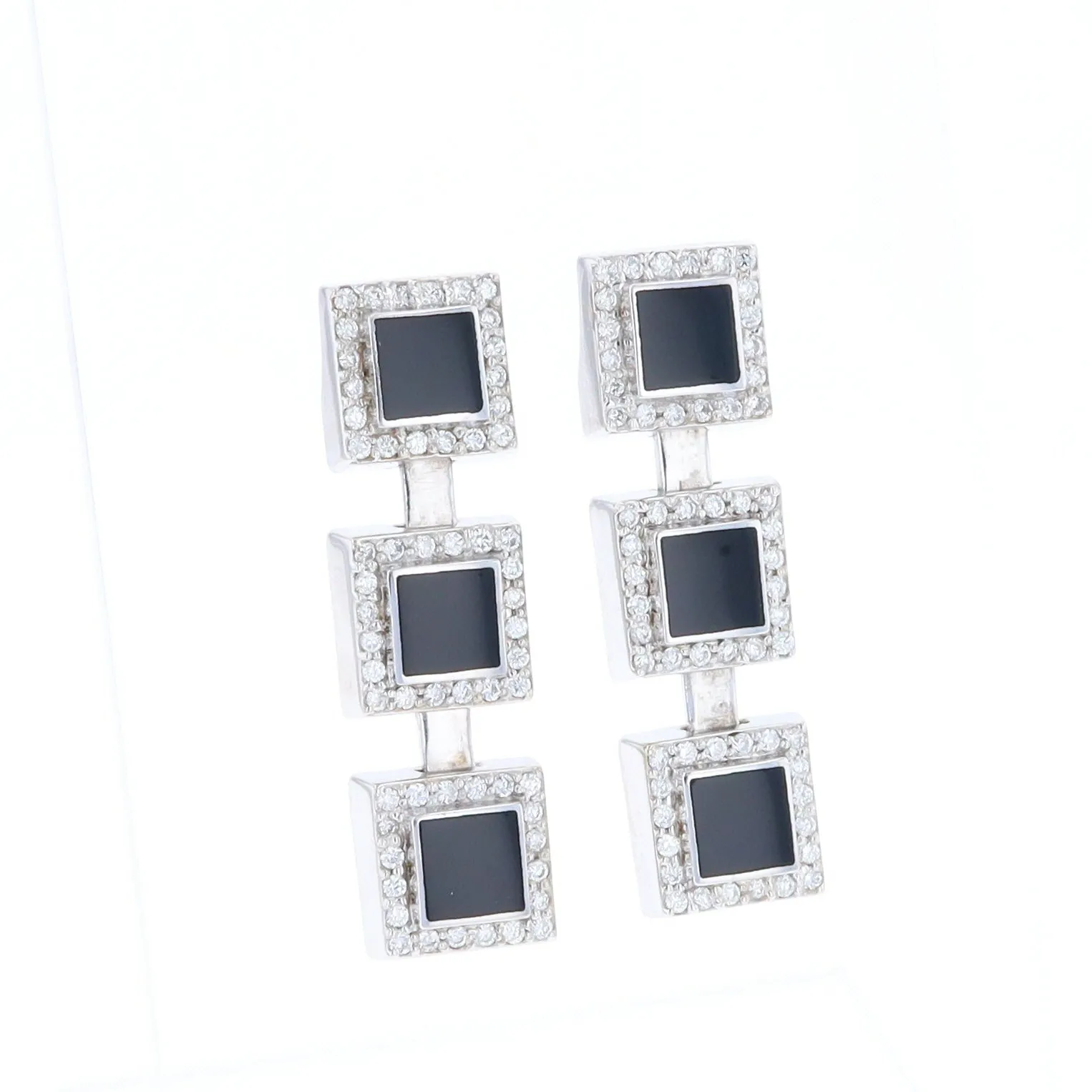 Onyx Square 3 Section Inlaid .84Ctw Diamond Earrings