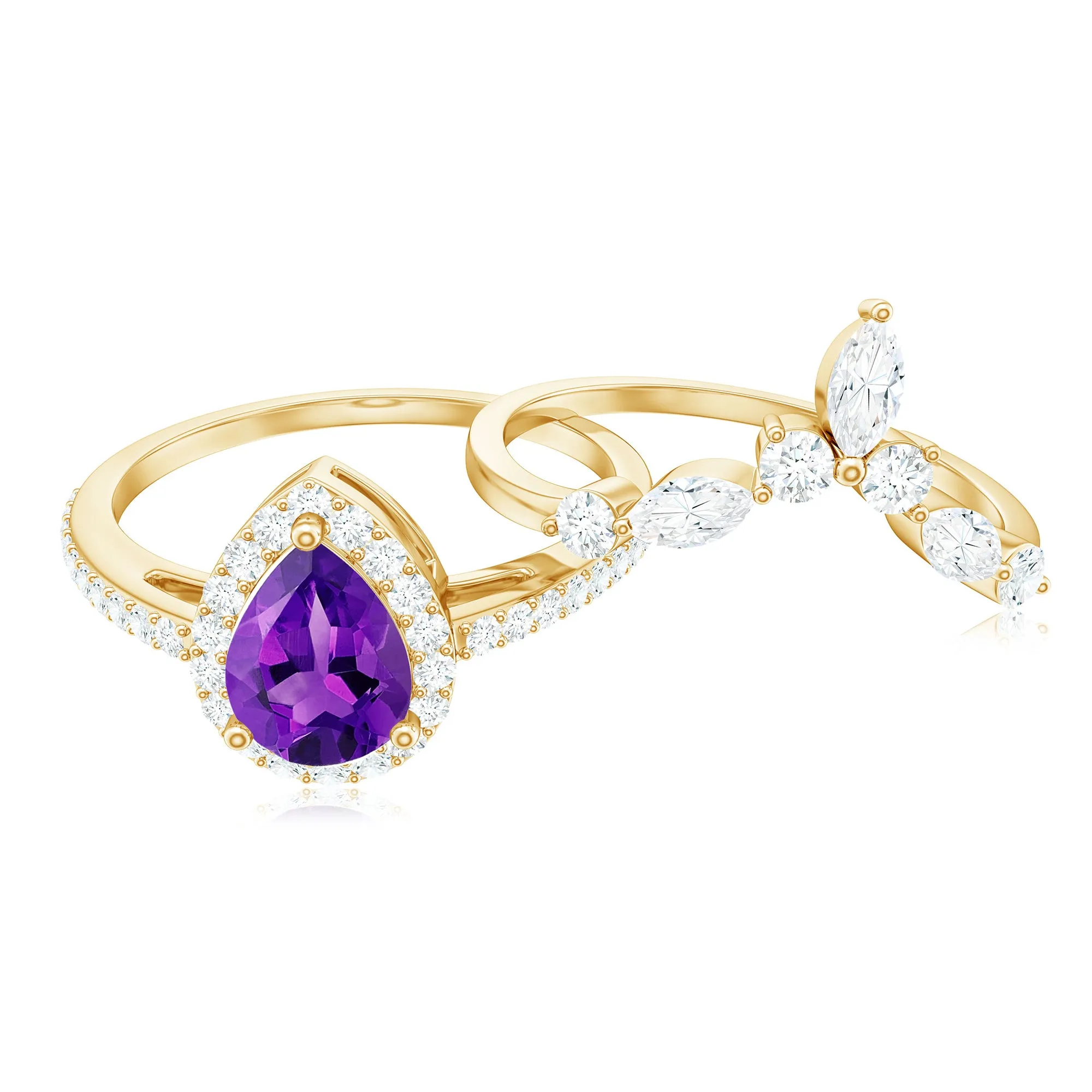 Pear Cut Amethyst Designer Bridal Ring Set with Moissanite