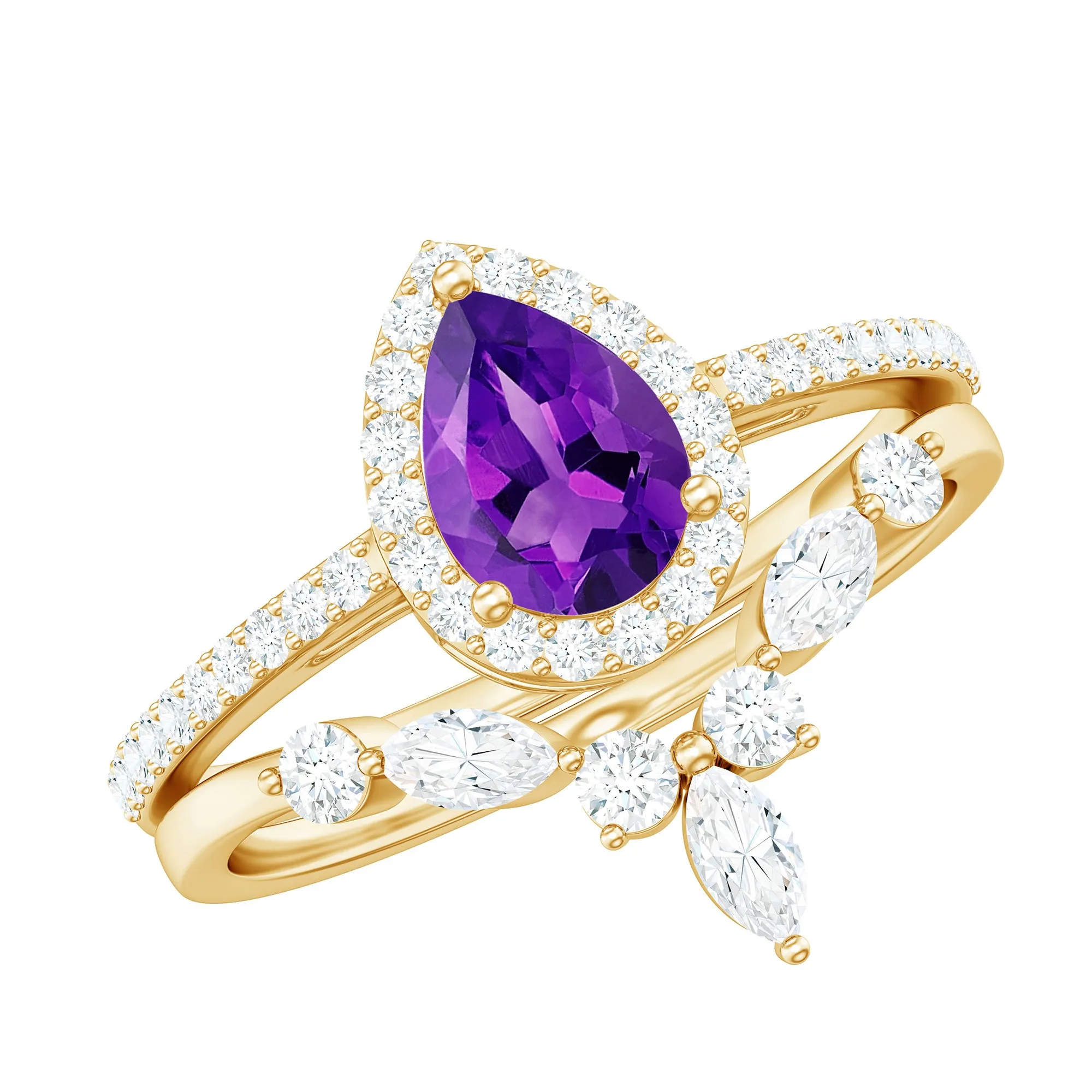 Pear Cut Amethyst Designer Bridal Ring Set with Moissanite