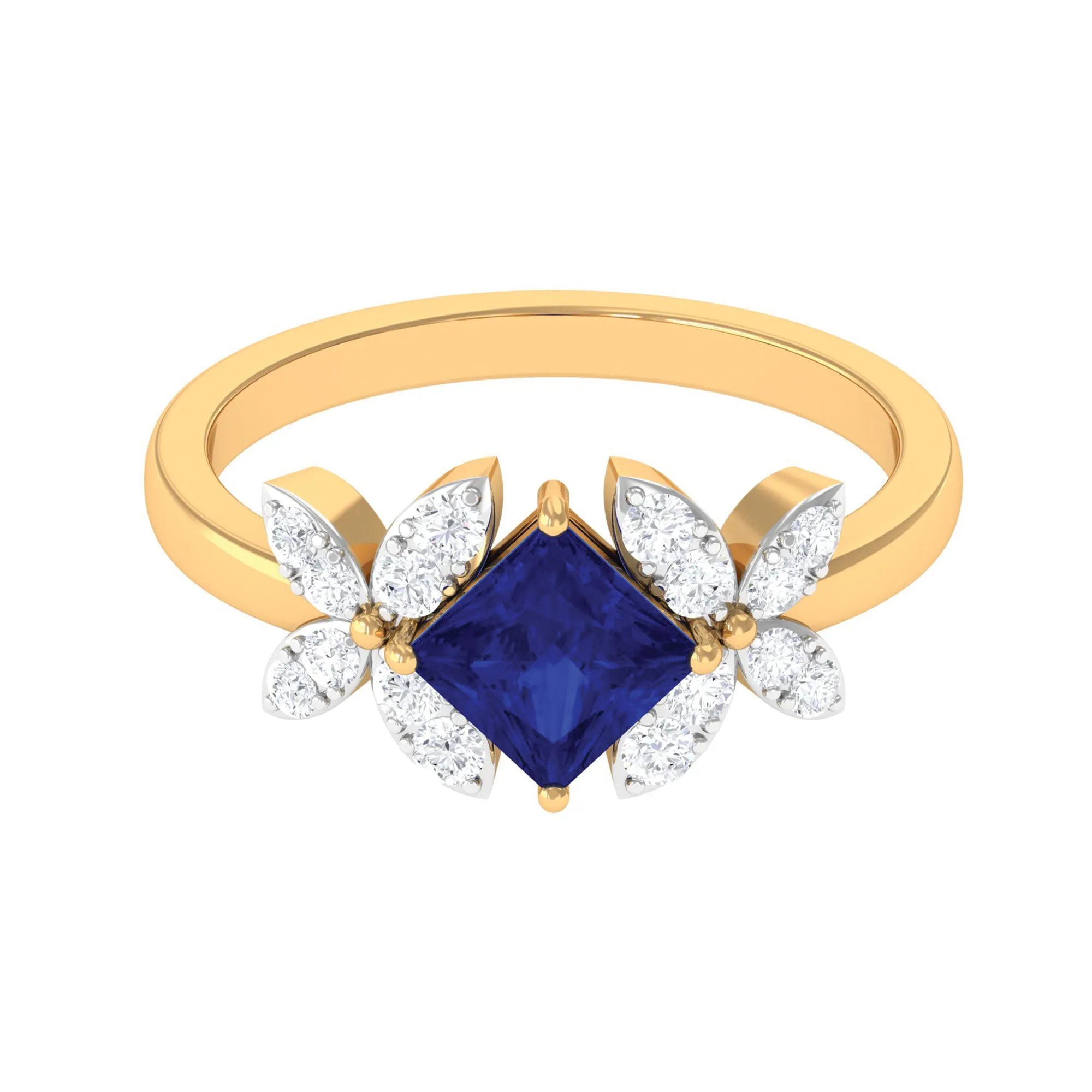 Princess Cut Created Blue Sapphire and Diamond Floral Engagement Ring