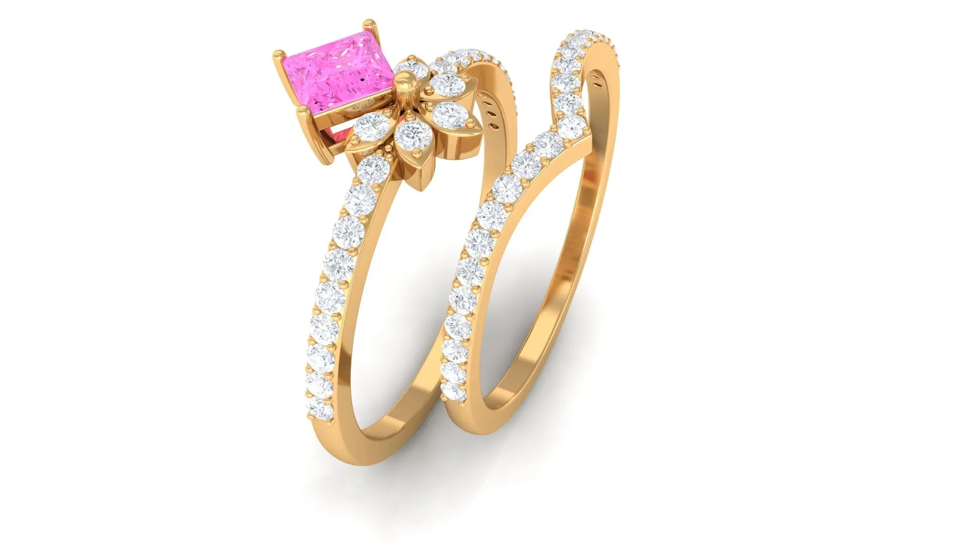 Princess Pink Sapphire Designer Flower Ring Set with Diamond