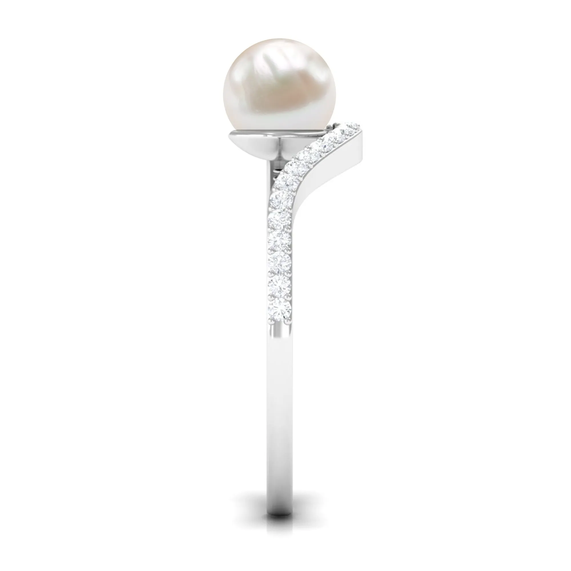 Pure Freshwater Pearl Minimal Bypass Engagement Ring with Diamond
