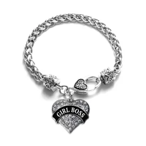 Silver Black and White Girl Boss Pave Heart Charm Braided Bracelet