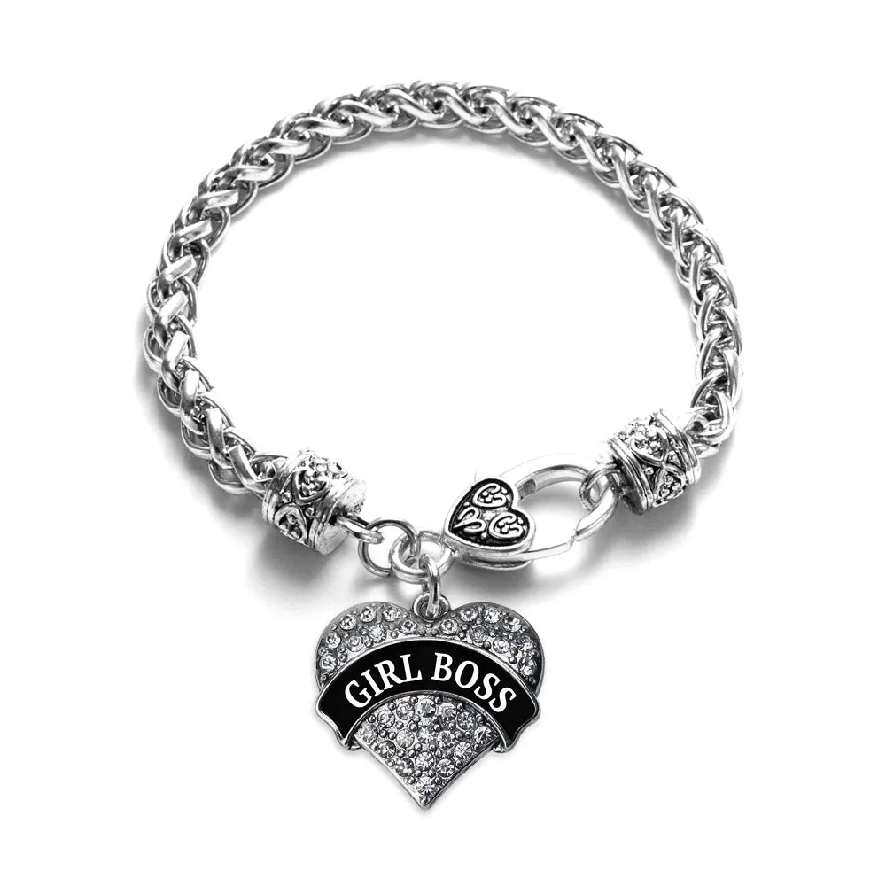 Silver Black and White Girl Boss Pave Heart Charm Braided Bracelet