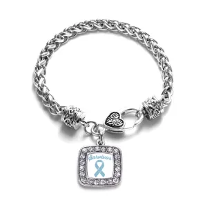 Silver Light Blue Ribbon Survivor Square Charm Braided Bracelet