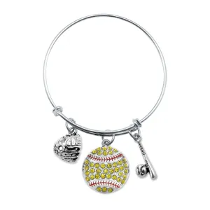Silver Love Softball Bat and Glove Charm Wire Bangle Bracelet