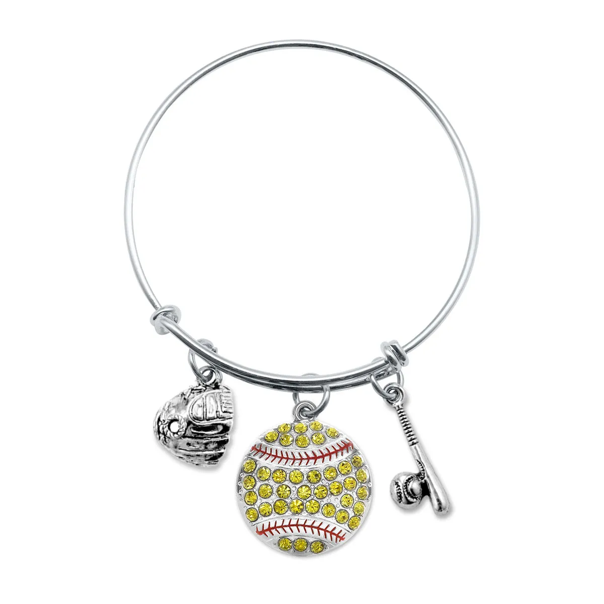 Silver Love Softball Bat and Glove Charm Wire Bangle Bracelet