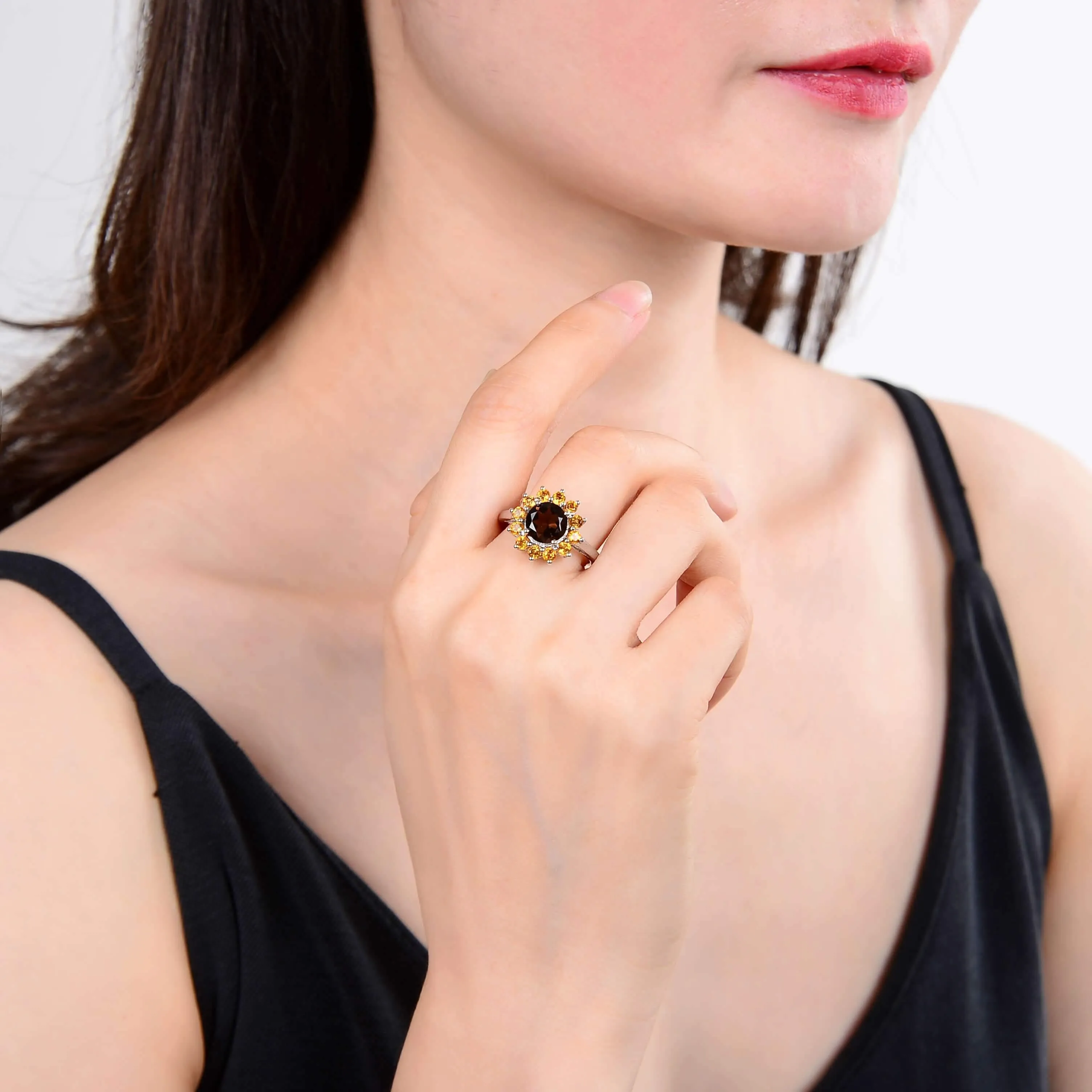 Smokey Quartz and Citrine Sunflower Ring